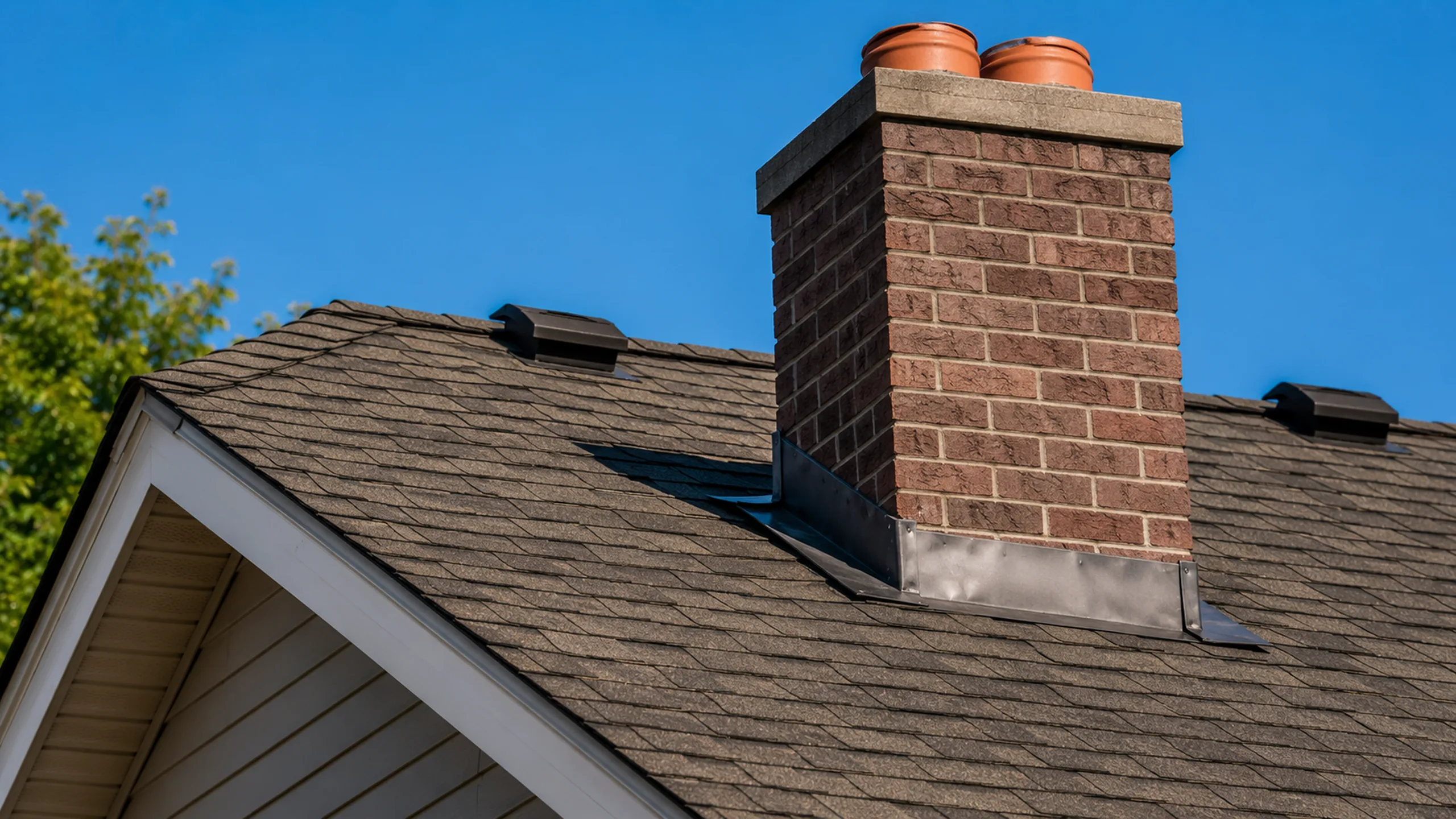 Asphalt-shingle roof and chimney flashing on a Roseville MN home — granule loss check