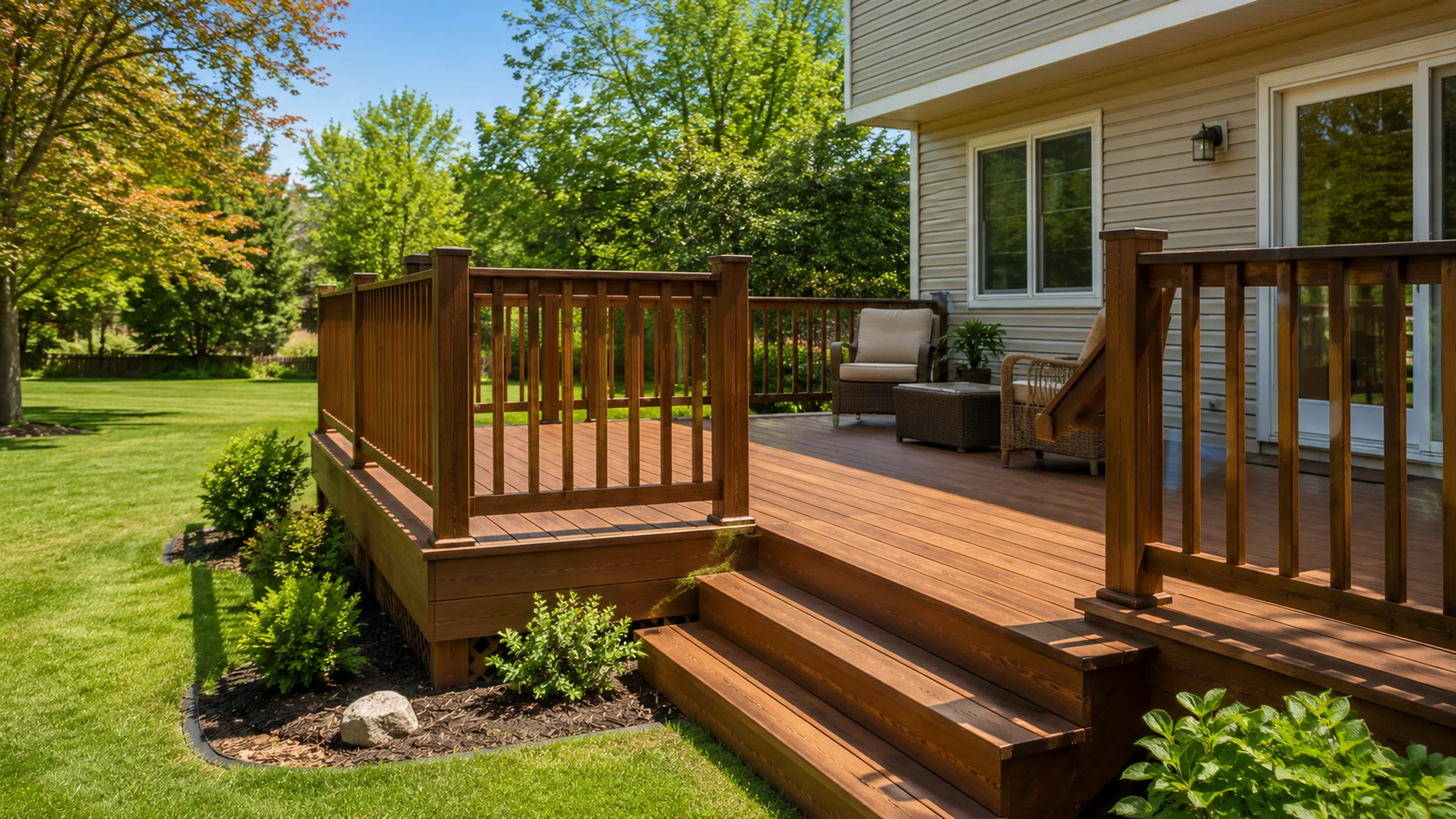 Backyard wood deck and railings inspected for rot and ledger flashing — Roseville MN