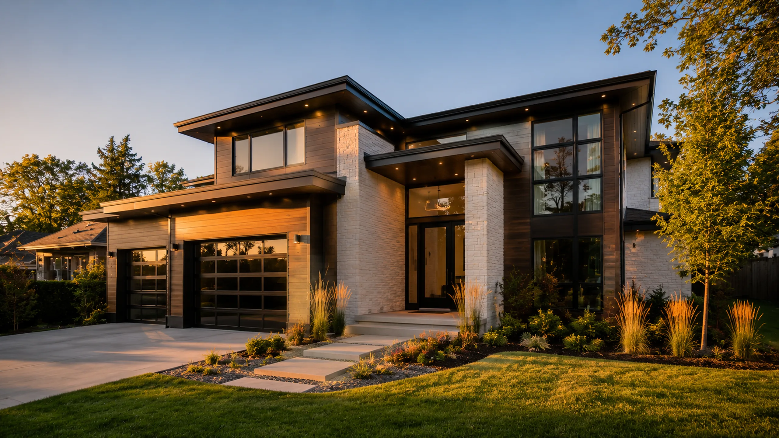 Contemporary new-construction home at golden hour in Arden Hills MN