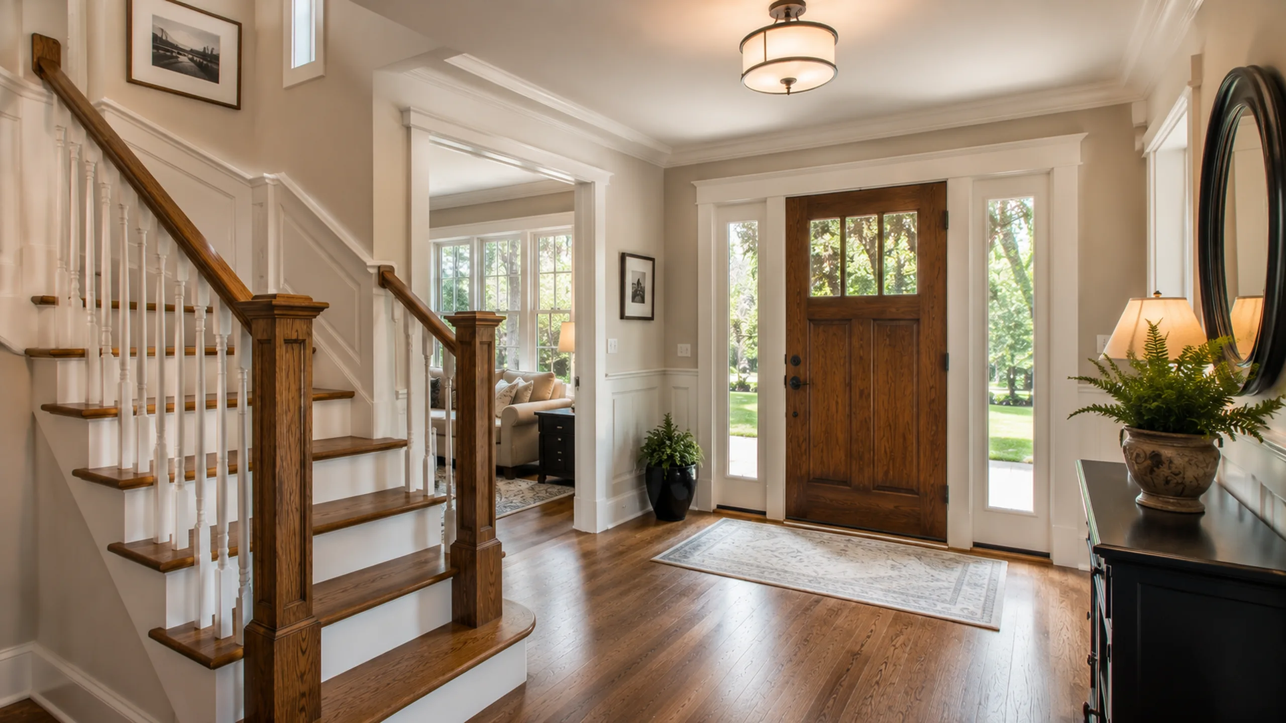 Entryway foyer and staircase in a Roseville MN home — handrail and tread inspection