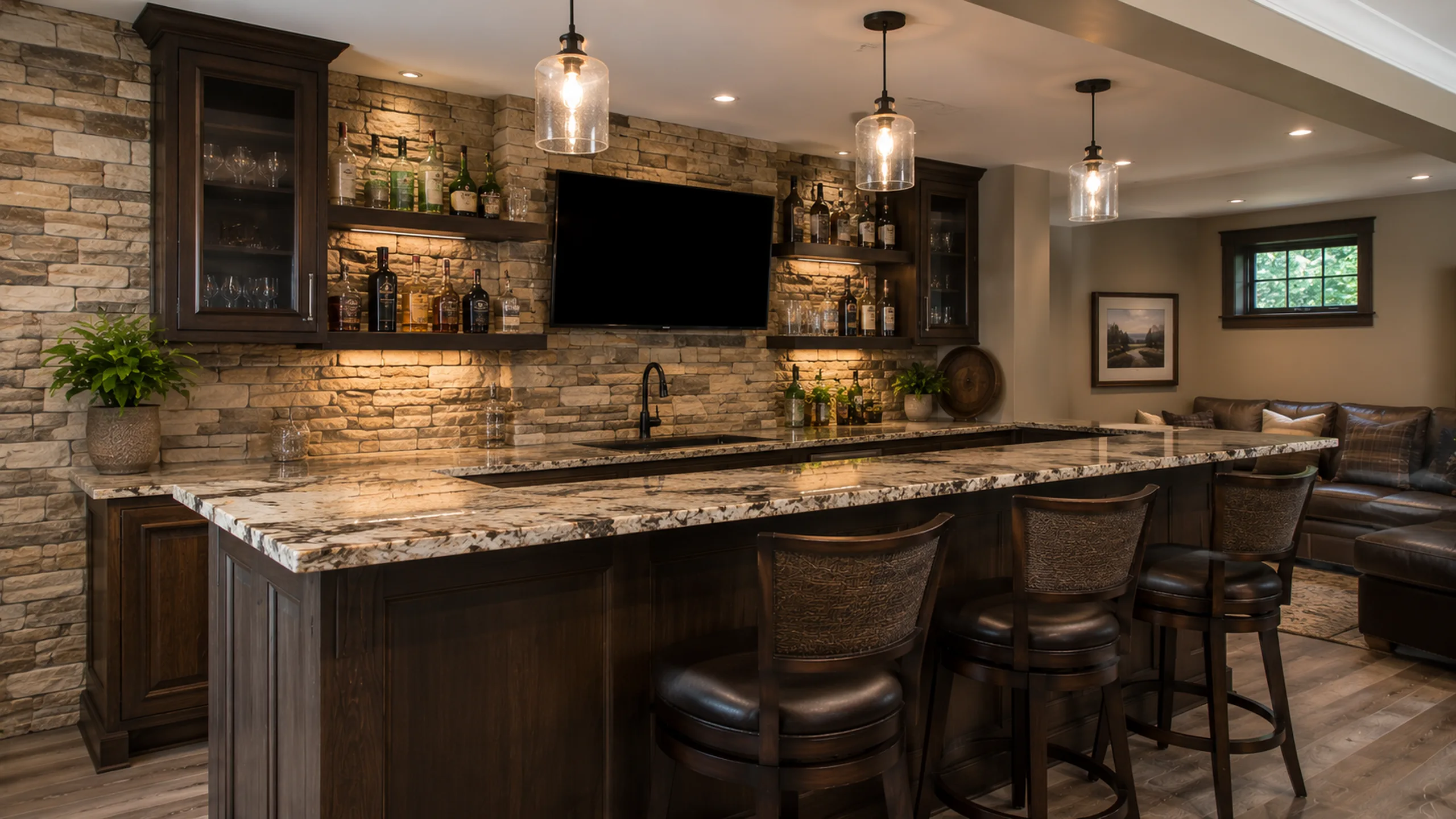 Finished basement with stone-accent bar — Roseville MN walkout inspection
