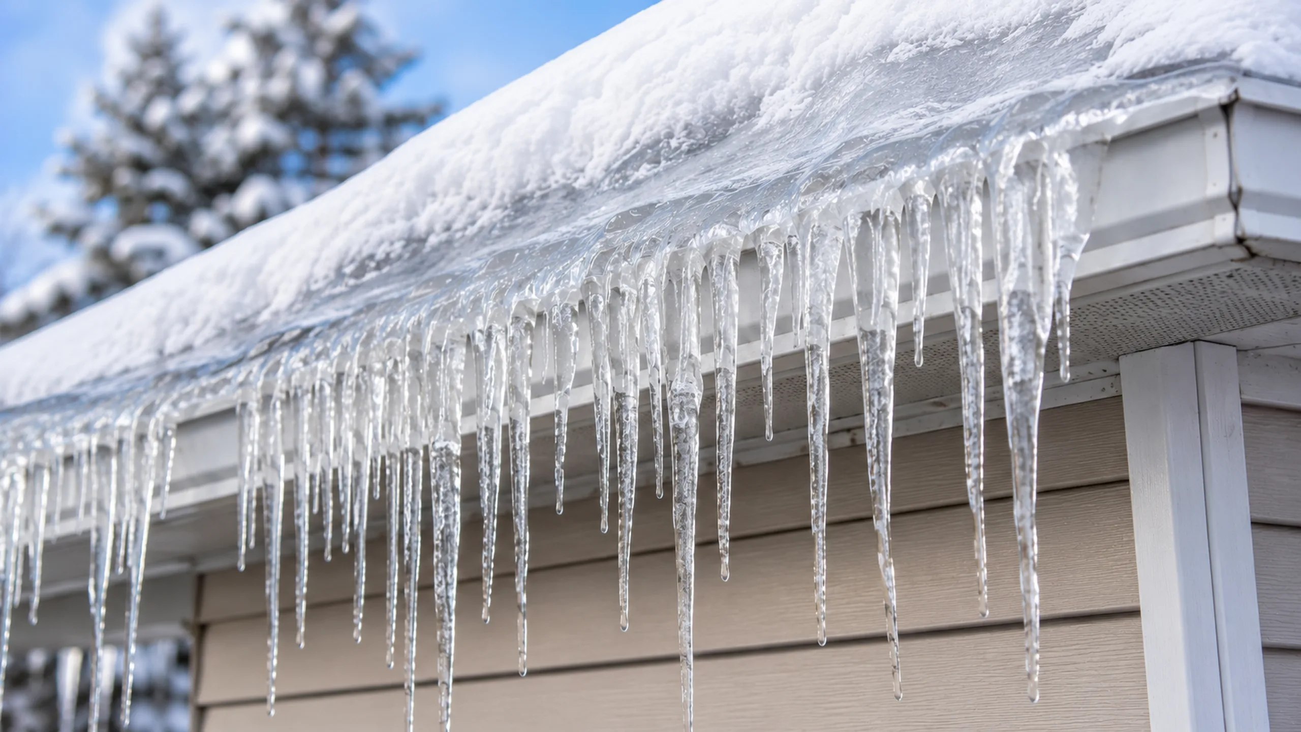 Ice dam and icicles on a Roseville MN roof eave — attic-insulation deficiency indicator
