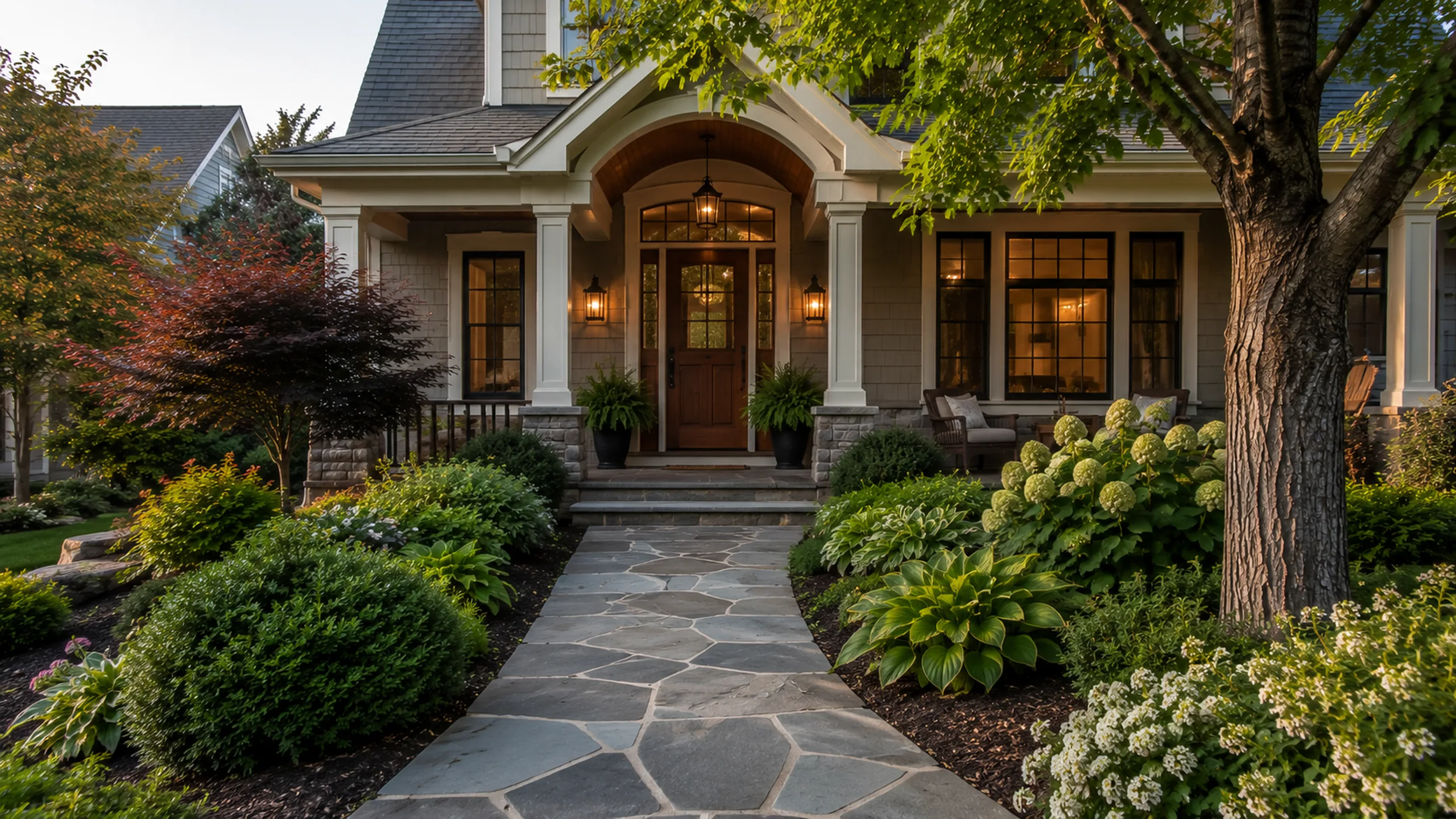 Front entrance and landscaping at a Roseville MN home — curb-appeal pre-listing check