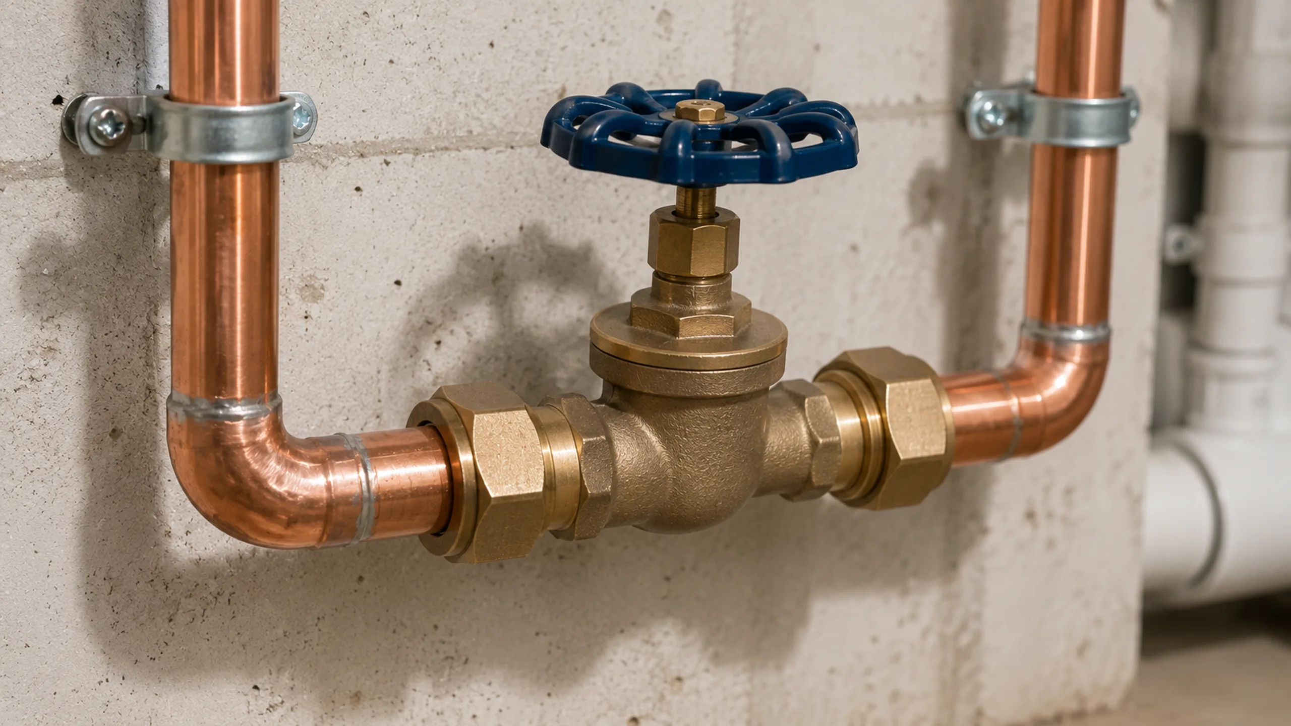 Main water shutoff valve in a Roseville MN basement — supply-line material identification
