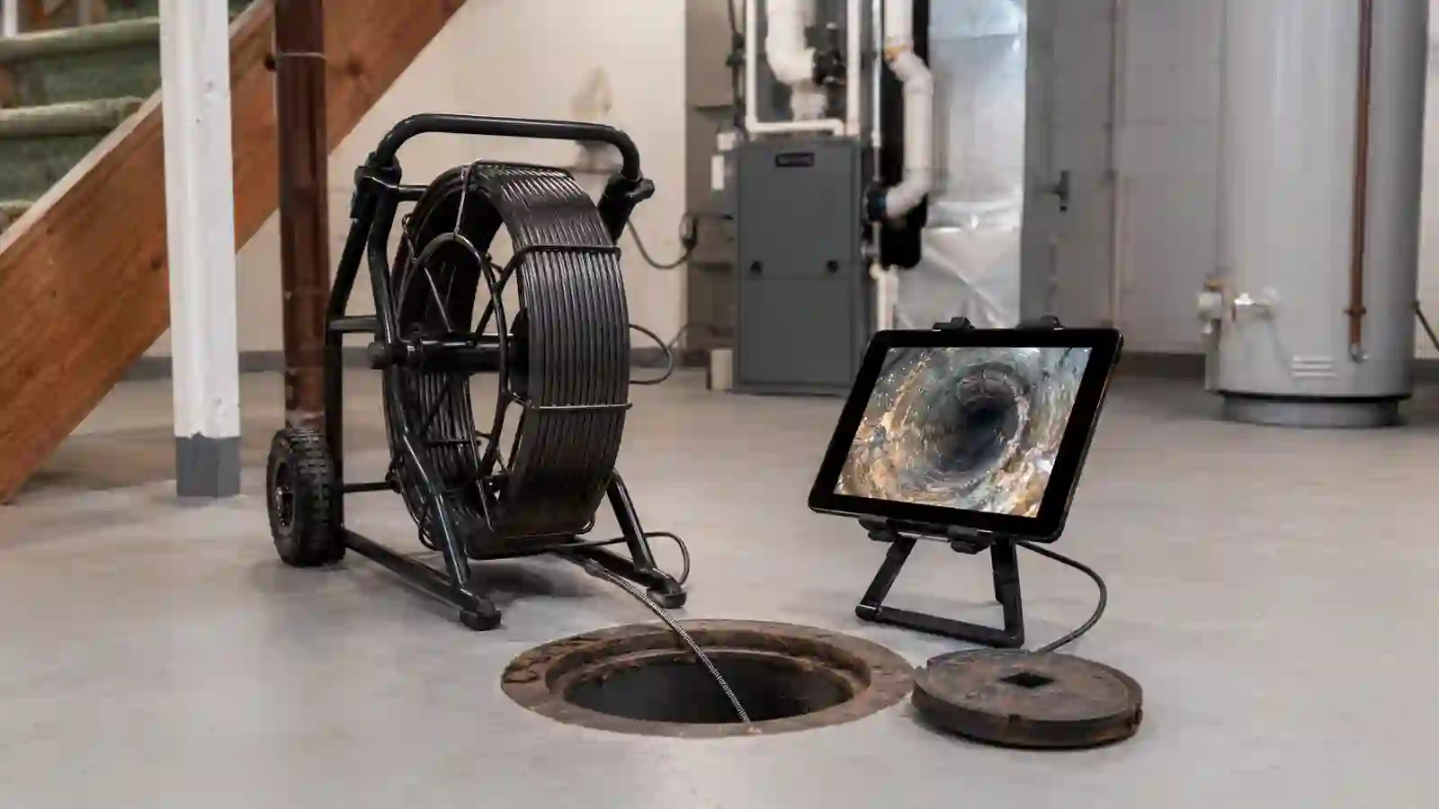 Sewer scope inspection in progress in a Roseville MN basement — push-camera reel, open floor cleanout, and live-feed monitor showing inside of cast iron drain
