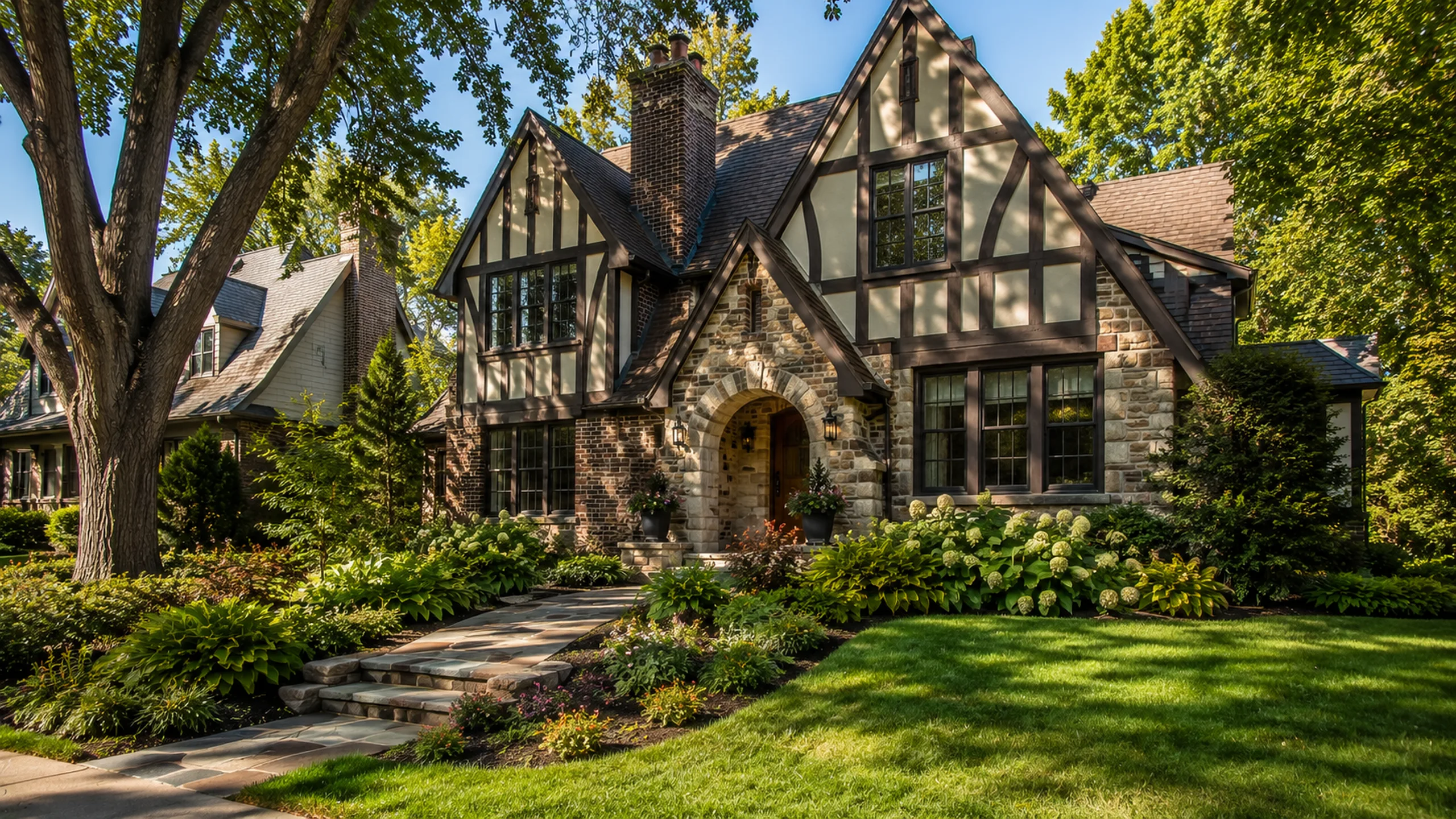 Tudor-style North Oaks MN custom home exterior — wooded-lot inspection