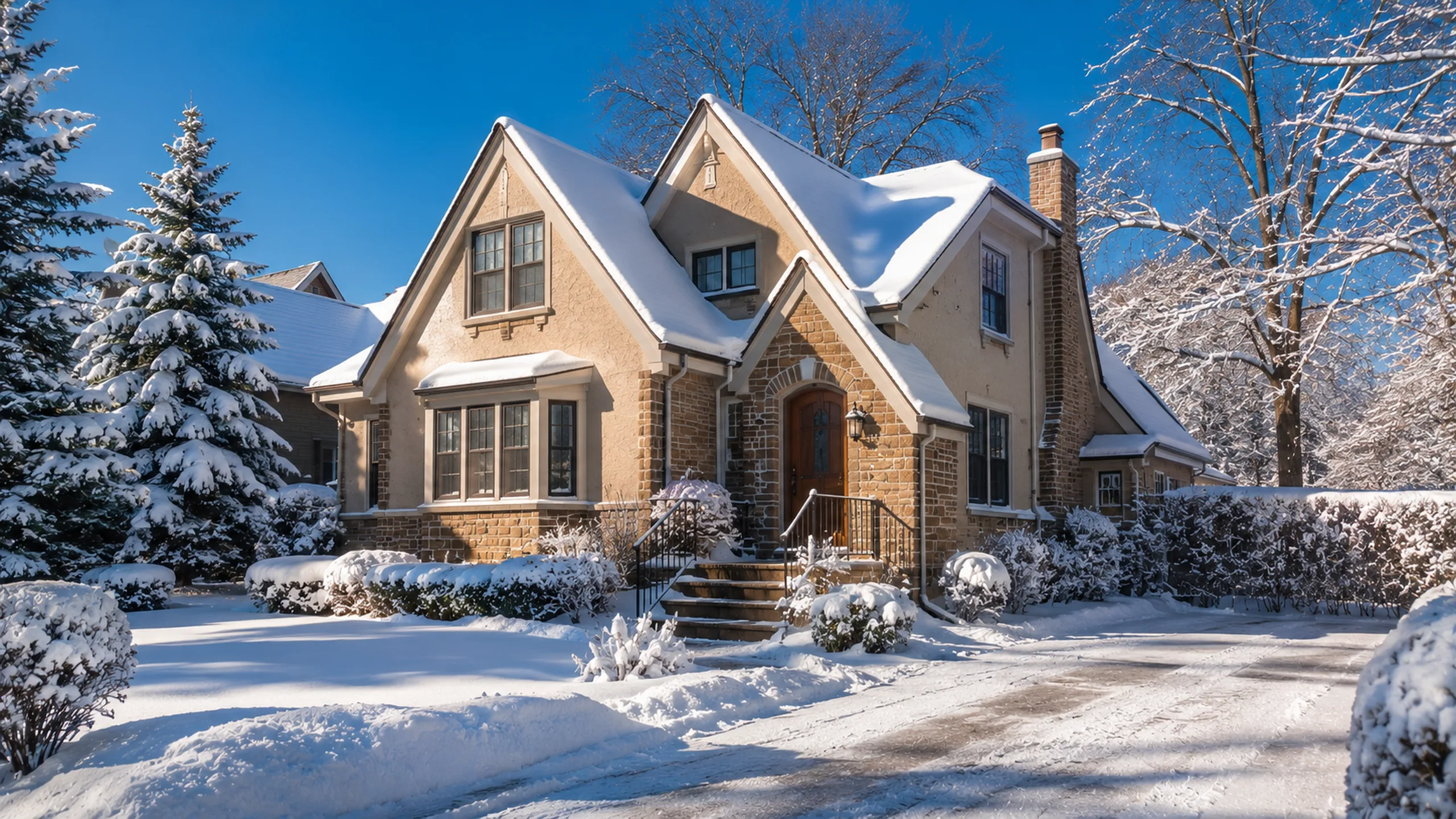 Snow-covered Roseville MN home in winter — ice-dam and roof-load inspection season