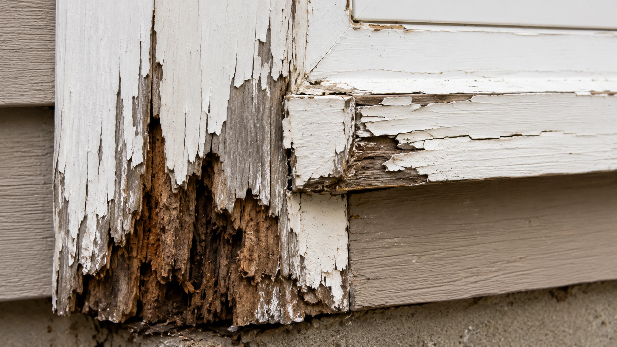 Worn and rotted wood siding on a Roseville MN home — south-exposure decay
